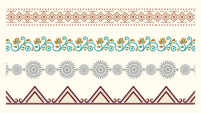Four decorative borders with geometric and floral patterns isolated on a transparent background