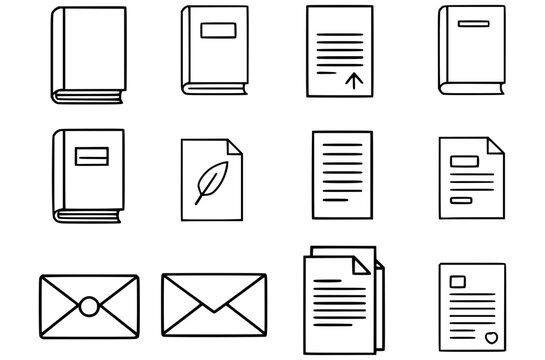 Book, print collateral line icons set. Brochure, catalog, flyer, envelope, letterhead flat minimal vector illustrations. Simple outline signs for publishing house. Editable Stroke.