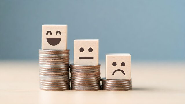 Happy to neutral to sad wooden blocks stacked on coins symbolizing financial emotions