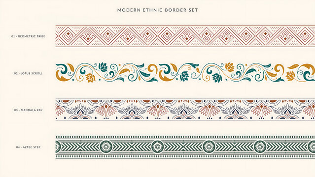 Four decorative ethnic borders with geometric and floral patterns isolated on a transparent background