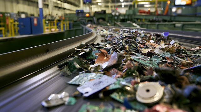 E-waste circuit boards and fragmented electronics moving along a conveyor belt illustrates the industrial process of recycling and waste management in a modern facility