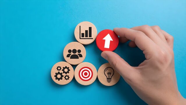 Hand selecting growth icon among wooden business strategy circular tokens on blue background