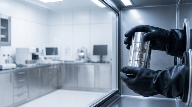 Scientist handling radioactive material in metal canister inside glove box lab. Researcher conducting chemical analysis in sterile environment. Nuclear power and hazardous material safety.