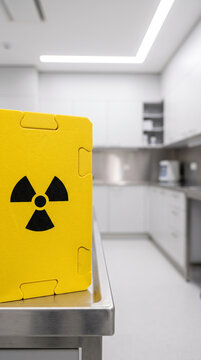 Yellow foam mat with radiation symbol on steel table in modern kitchen environment. Concept of nuclear safety and hazardous material storage in domestic or scientific setting.