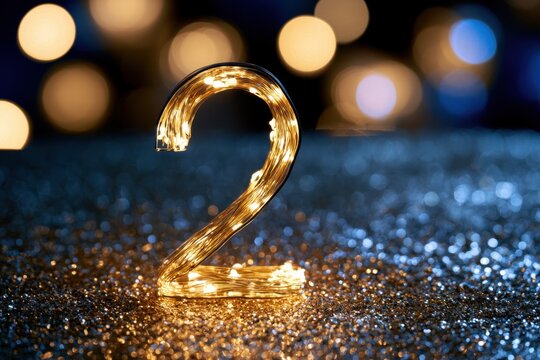 Illuminated festive numeral two made of glowing string lights on sparkling surface with warm bokeh background for celebration or countdown themes