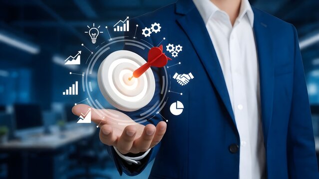 Professional man using futuristic digital dashboard targeting business goals with analytics