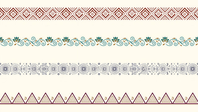 Four decorative horizontal borders with geometric and floral patterns isolated on a transparent background