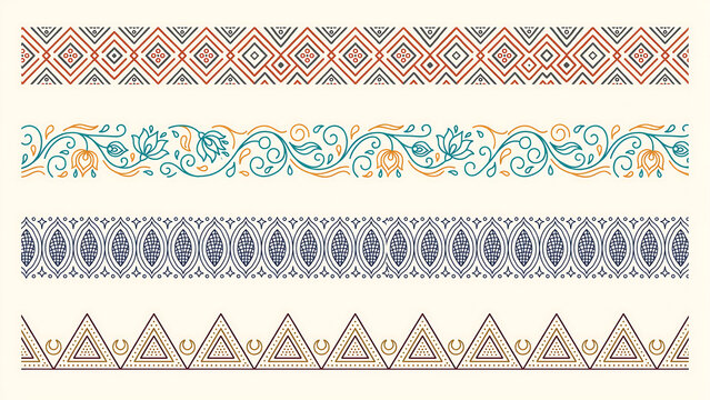 Four decorative horizontal borders with geometric and floral patterns isolated on a transparent background