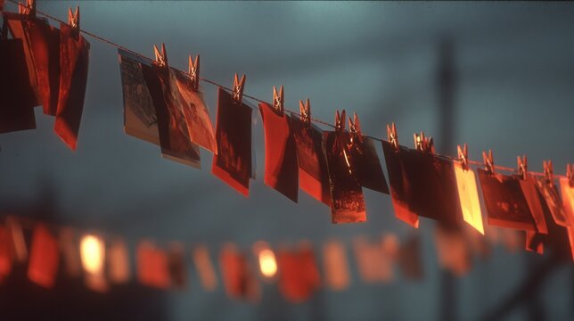 Darkroom medium shot of a suspended contact sheet clipped to a drying line highlighted by a red safelight glow with the enlarger and chemical trays subtly out of focus in the
