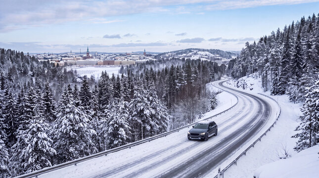 Car Driving on Winter Road in Snowy Mountain Landscape with Pine Trees and Small Village in Background During Twilight, Winter Travel Concept.
