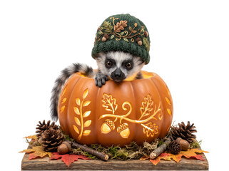 Fototapeta premium Cute lemur wearing a green knit hat inside a glowing carved pumpkin isolated on background