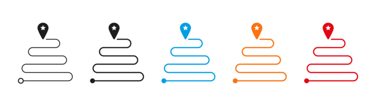 Route location icon. Map pin, navigation path, and destination marker symbols representing GPS tracking, travel routes, location services, journey planning, and wayfinding.