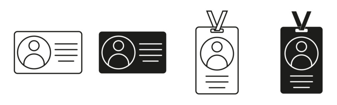 Identification card icon set. ID badge, employee pass, profile card, and staff credential symbols representing personal identity, workplace access, security, and business authentication.