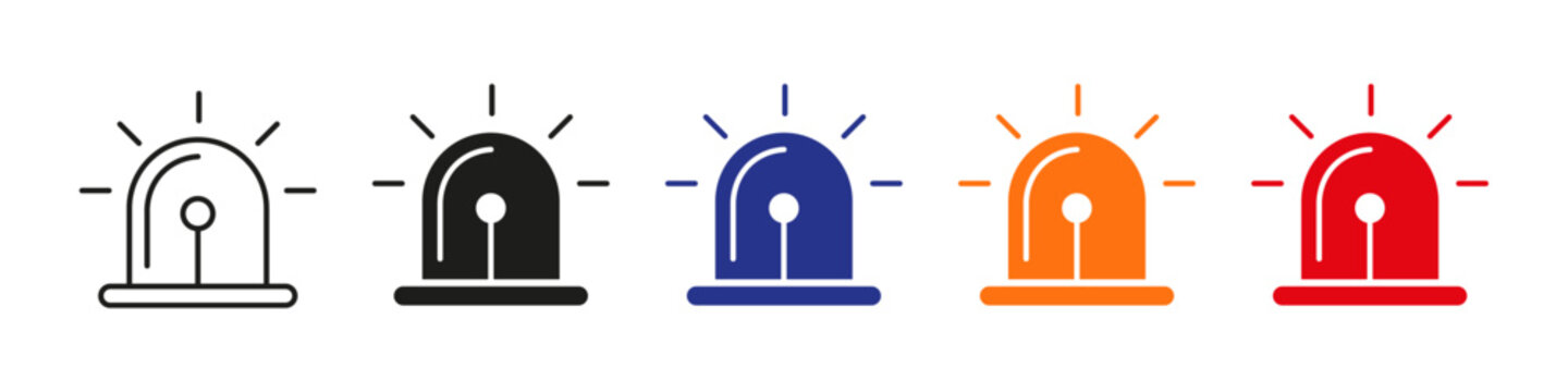 Emergency siren icon set. Warning beacon, alarm light, flashing signal, and alert symbols representing public safety, security, hazard warnings, danger, and crisis response.