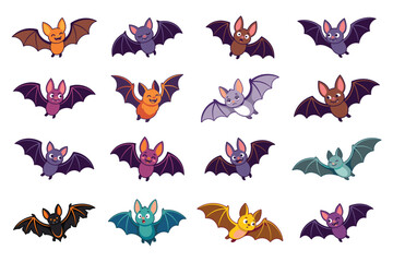 Obraz premium Spooky cute bat characters set for Halloween. Flat vector elements of purple, orange, and green flying bats
