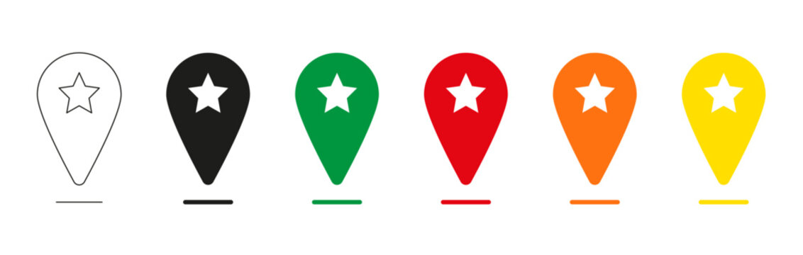 Favorite location icon. Map pin with star, featured place, saved destination, landmark, and navigation marker symbols representing travel, ratings, recommendations, and geolocation.