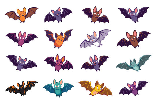 Spooky cute bat characters set for Halloween. Flat vector elements of purple, orange, and green flying bats