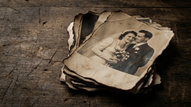 Stack of old monochrome photos with burnt edges on a rustic wooden table.