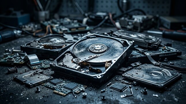 Broken hard drives and computer parts scattered on a gritty surface representing electronic waste.