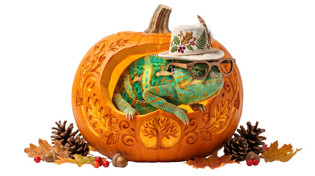 Chameleon wearing stylish hat and glasses inside carved pumpkin isolated on transparent background