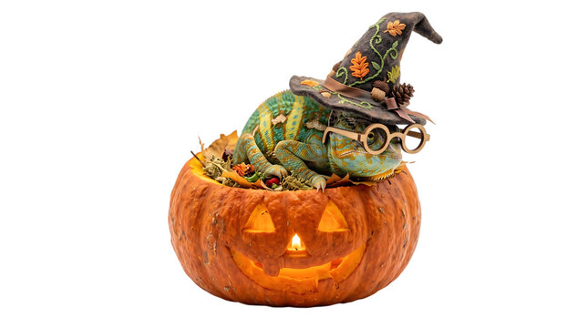 Cute chameleon with glasses and a witch hat in a pumpkin, isolated on transparent background
