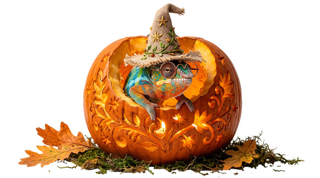 Colorful chameleon wearing a witch hat in a carved pumpkin, isolated on transparent background