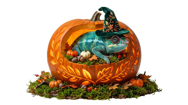 Blue chameleon in a decorated Halloween pumpkin, isolated on transparent background image