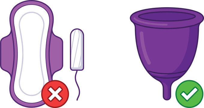 Eco Friendly Feminine Hygiene Comparison Icon Featuring Reusable Menstrual Cup Over Disposable Sanitary Pad and Tampon Vector Graphic Design