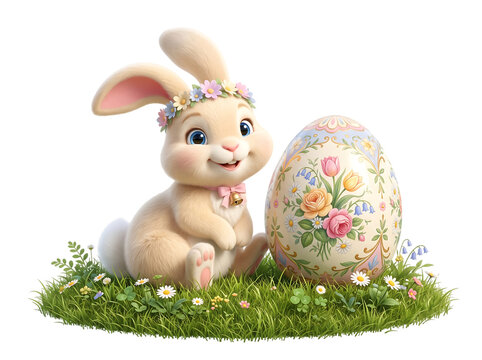 Cute bunny wearing a flower crown sitting next to a decorated egg isolated on transparent background