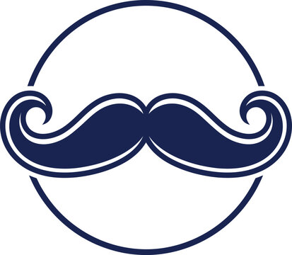 Elegant navy blue mustache logo icon in circular frame, stylish vector design
