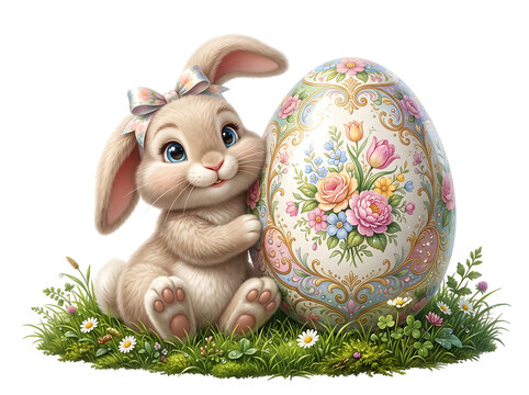 Adorable fluffy bunny with a bow hugging a floral decorated egg isolated on transparent background