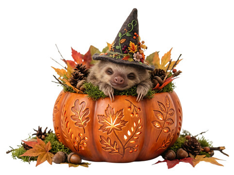 Cute sloth wearing a witch hat inside a carved pumpkin isolated on transparent background