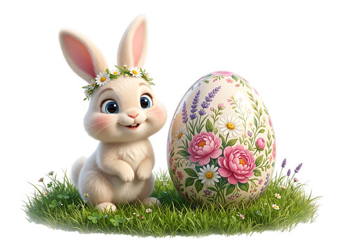 Little bunny with a daisy flower crown next to a floral painted egg isolated on transparent background