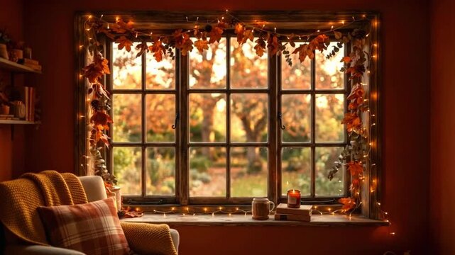 Cozy autumn window decorated with fall leaves, fairy lights, books, and a mug in a warm living room.