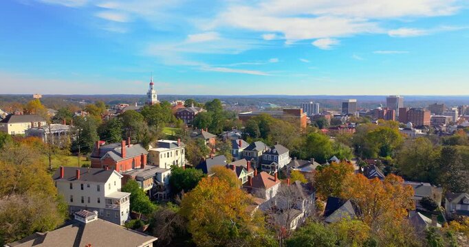 Historical American city architecture. Macon, old city in Bibb County, Georgia. Streets and buildings from above.