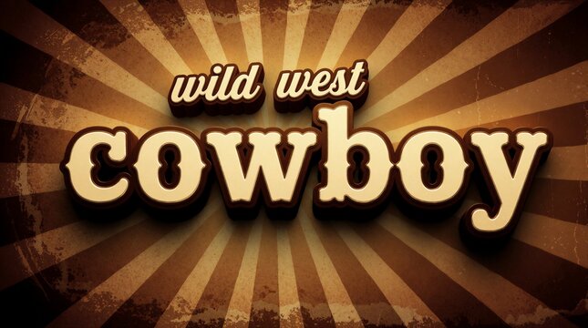 Wild west text effect with retro sunburst background. Three dimensional cowboy font lettering on vintage brown backdrop. Bold western style typography for poster banner branding logotype design.
