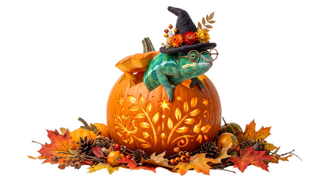 Chameleon wearing a witch hat and glasses inside a carved pumpkin isolated on background