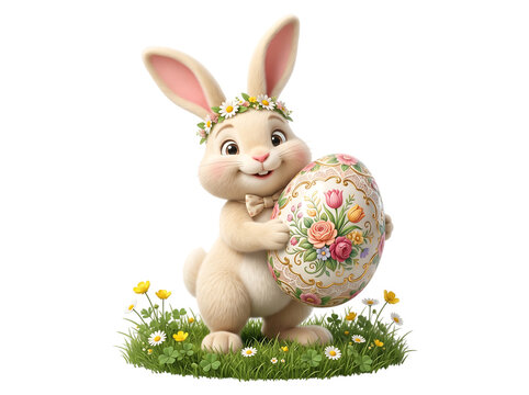 Cute Easter bunny holding a floral egg isolated on transparent background for holiday design