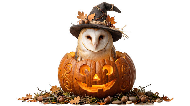 Barn owl with a witch hat inside a carved pumpkin isolated on transparent background for fall