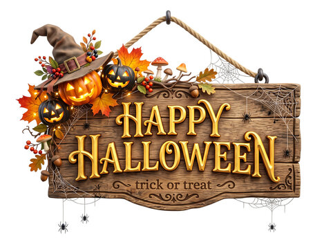 Happy Halloween rustic sign with trick or treat, isolated on transparent background art.