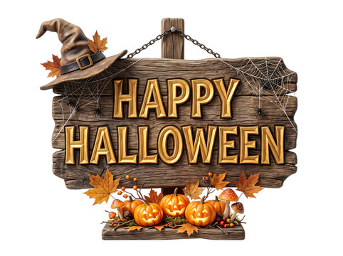 Happy Halloween wooden sign with pumpkins, isolated on transparent background for event.