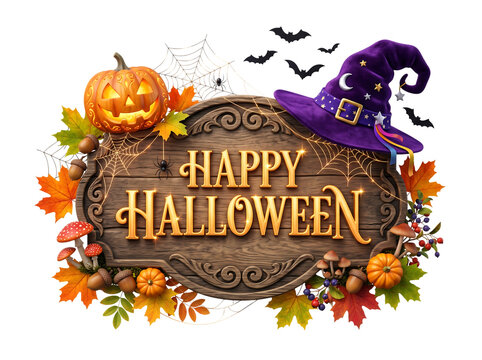 Happy Halloween wooden sign with pumpkin and witch hat isolated on transparent background