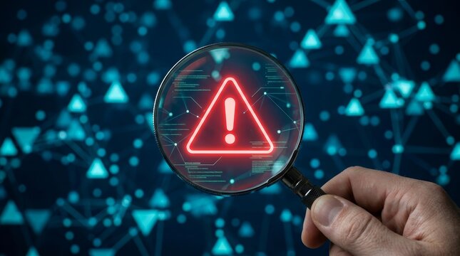 System engineer using a magnifying glass to examine a red warning sign in a digital network.