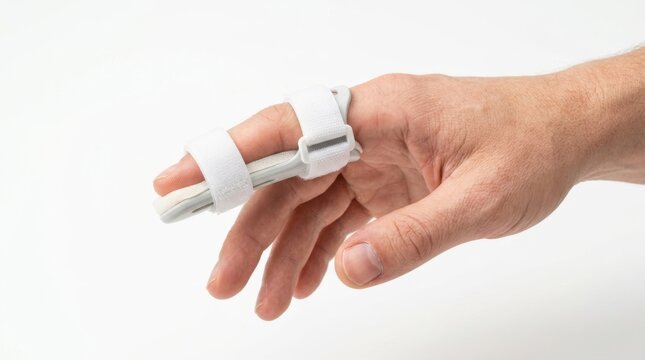 Finger splint on adult hand for recovery from injury, isolated on a white background with clear focus