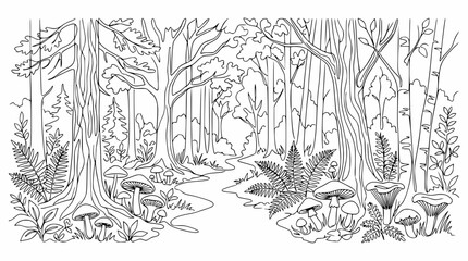 Obraz premium Enchanted forest path with wild mushrooms and ferns line art illustration for coloring book