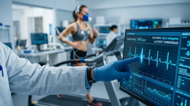 Doctor pointing at a digital screen displaying athlete heart rate data.