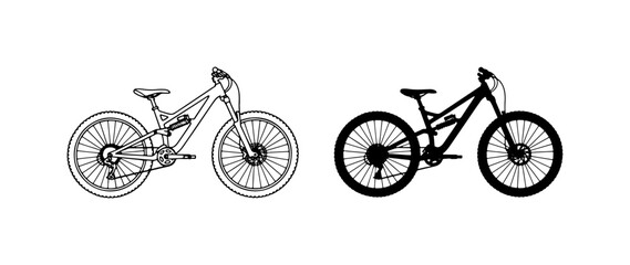 Naklejka premium Mountain Bike Vector Icons: Line Art and Silhouette Designs for Cycling Enthusiasts