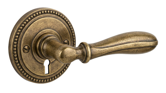 Vintage brass door handle with keyhole on circular backplate