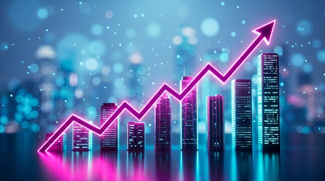 Futuristic line chart and digital abstract graph showing upward trend with glowing city buildings.