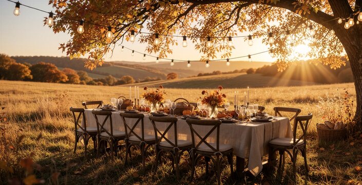 Outdoor harvest table setting under autumn tree leaves with string lights. Rustic feast laid with pumpkins, candles, flowers. Golden hour sun illuminates field.